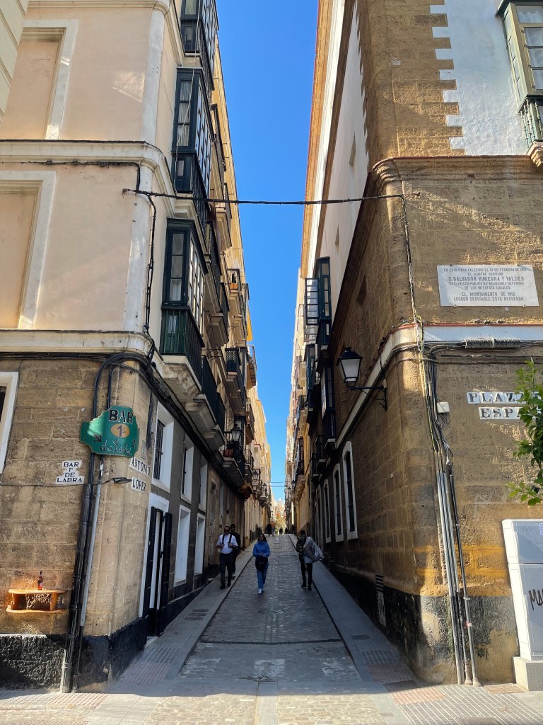 A typical narrow street in Cadiz, Spain.