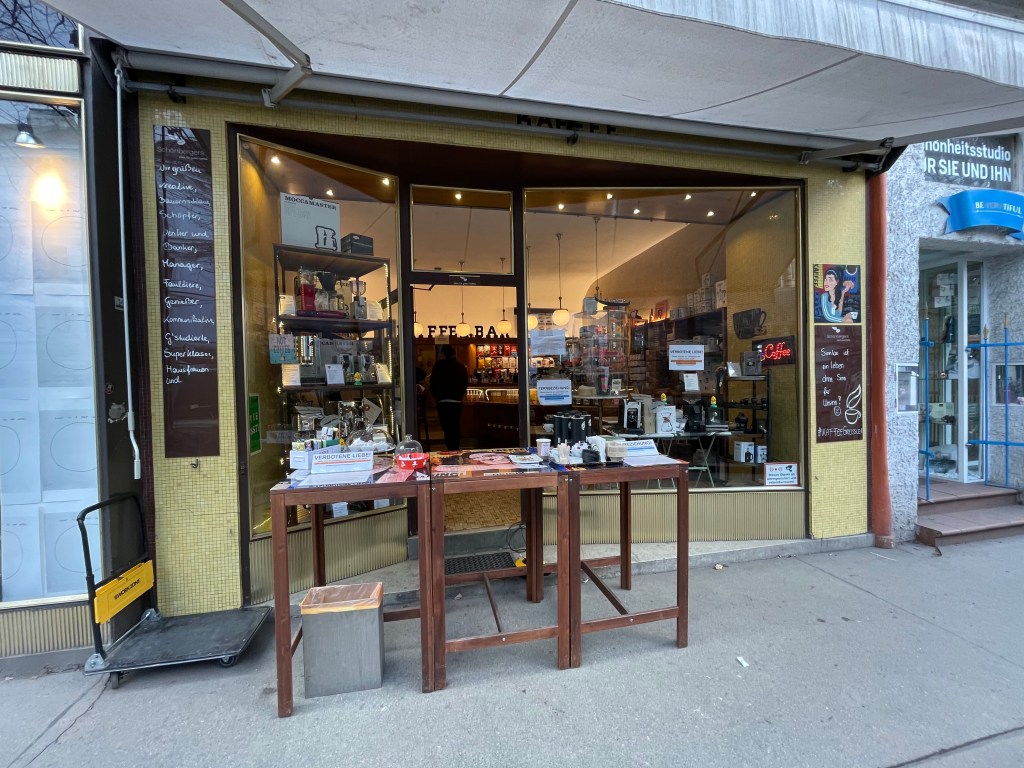 An outside view in of Schönbergers Caffe Bar in Vienna, Austria.