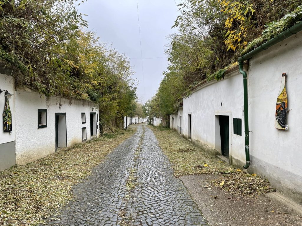 A street view of the Poysdorf Cellar Lanes on the Weinviertel St James Way in Austria.