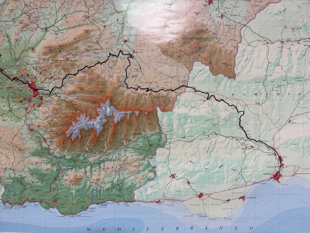Map showing the Camino Mozarabe route from Almeria to Granada