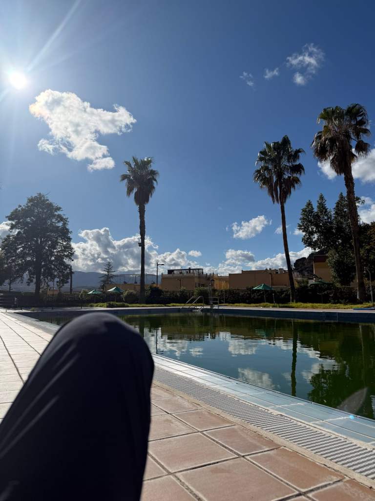 The swimming pool at the pilgrim albergue in Rioja, on the Camino Mozarabe
